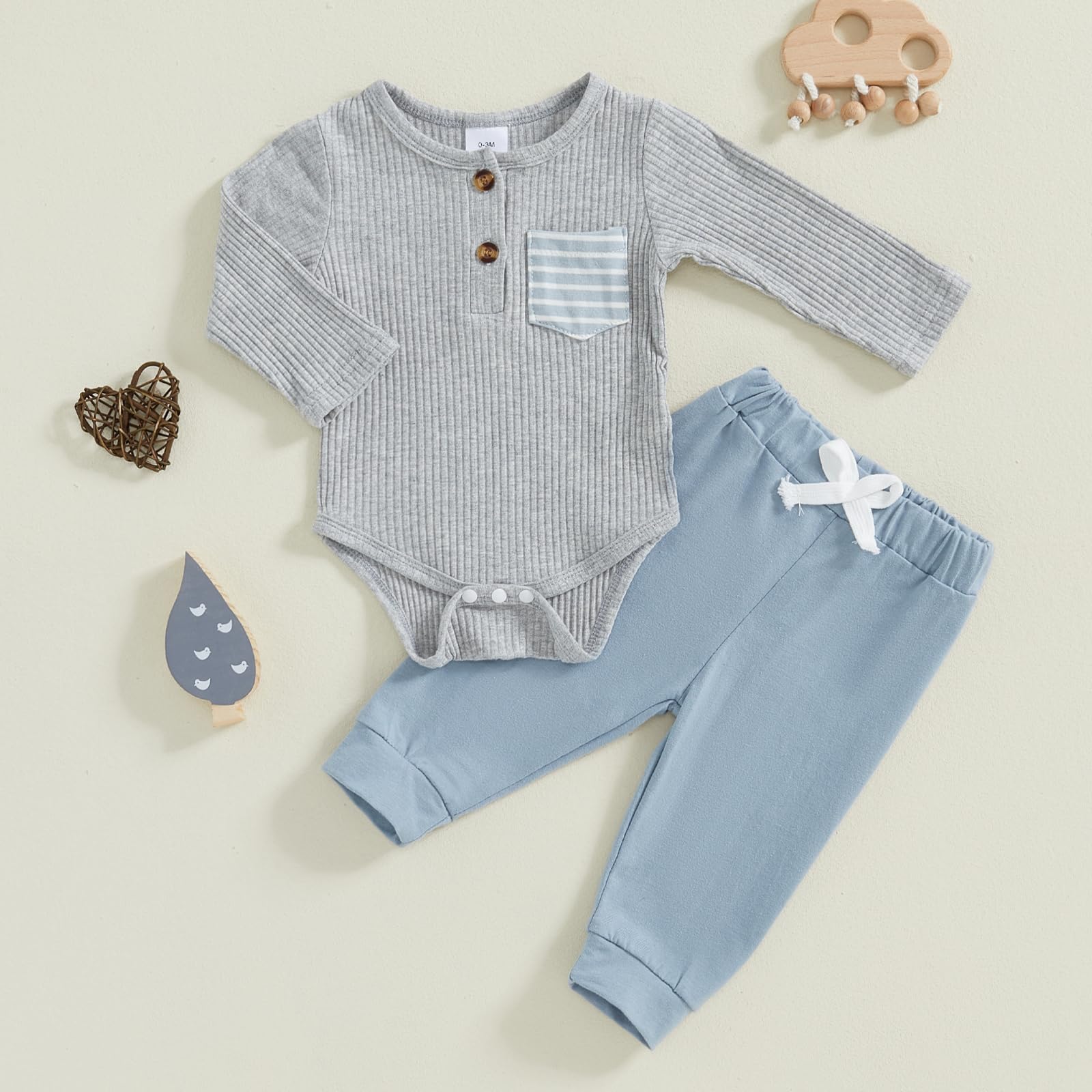 fhutpw Baby Boy Clothes 3 6 12 18 Months Ribbed Knitted Long Sleeve Romper and Pants Sets Newborn Fall Splicing Color Outfits (Y Gray & Blue, 0-3 Months)