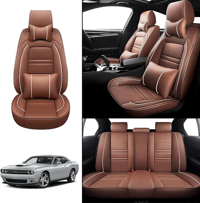 Car Seat Covers for Dodge Challenger 2008-2023 | 5-Seats Seat Covers, Waterproof Seat Protectors, Automotive Seat Covers (Full Set with Pillow,Coffee)