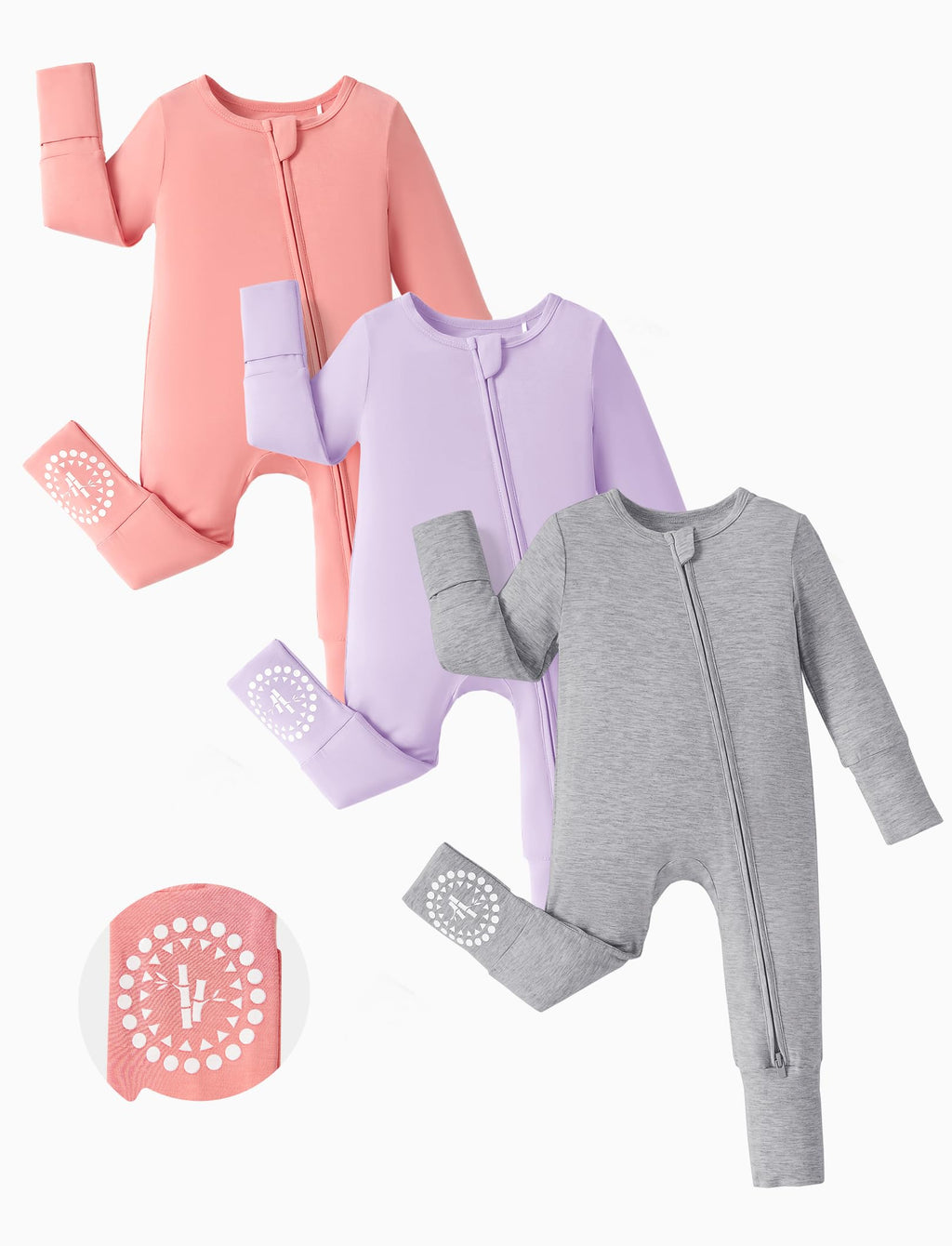Baby Footies Boys Girls - Bamboo Viscose - 2 Way Zipper & Non-Slip Soles Romper Mitten - Footed & Footless Infant Clothes Unisex Jumpsuit 2 Pack Blush/Purple/Grey 18-24 Months Pink
