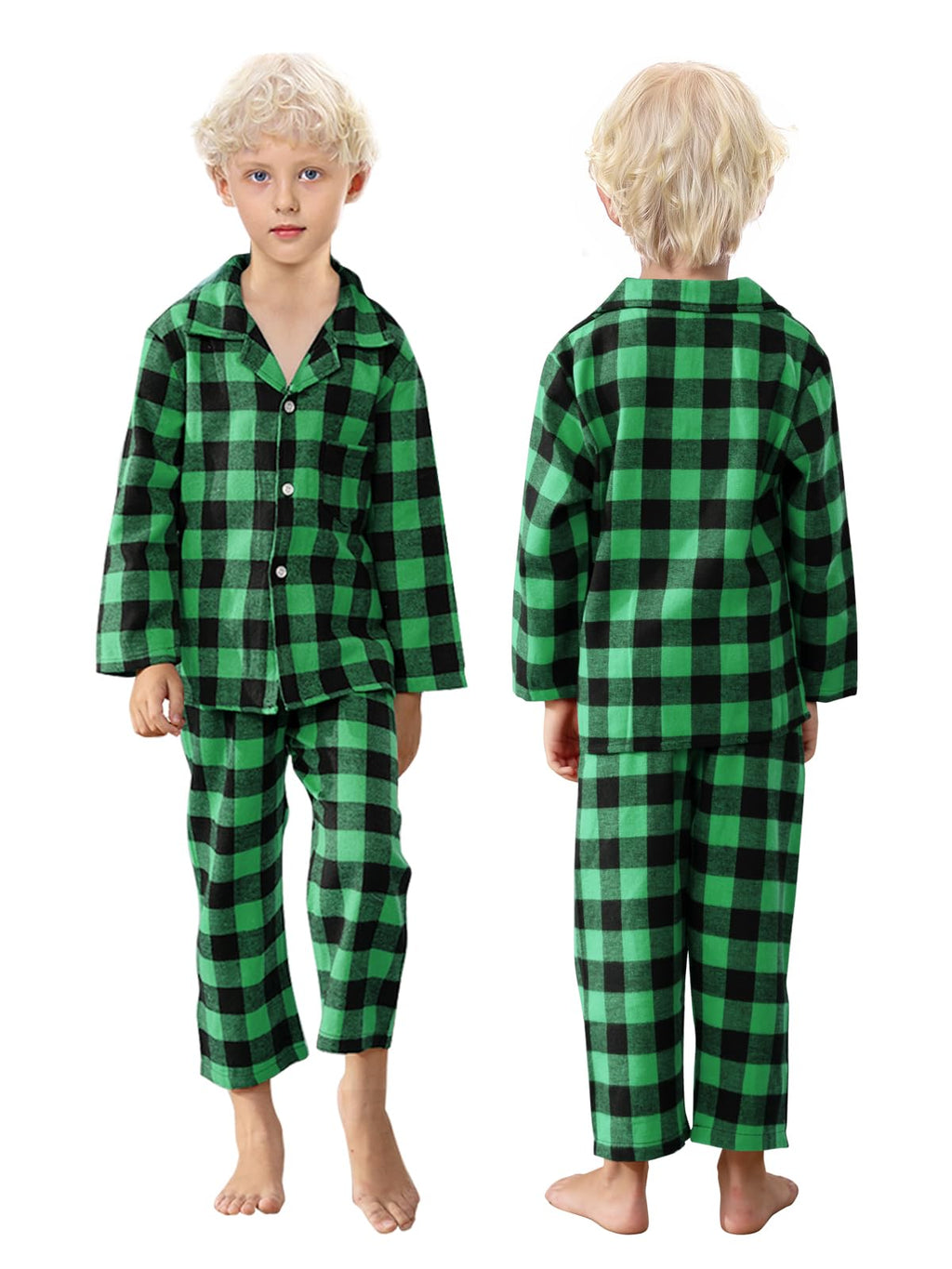 Schbbbta Family Plaid Pajamas Set, Girls Boys 2-Piece Pajamas Set Long Sleeve Sleepwear Button Down Pjs, Black Green, 9-12 Months = Tag 70