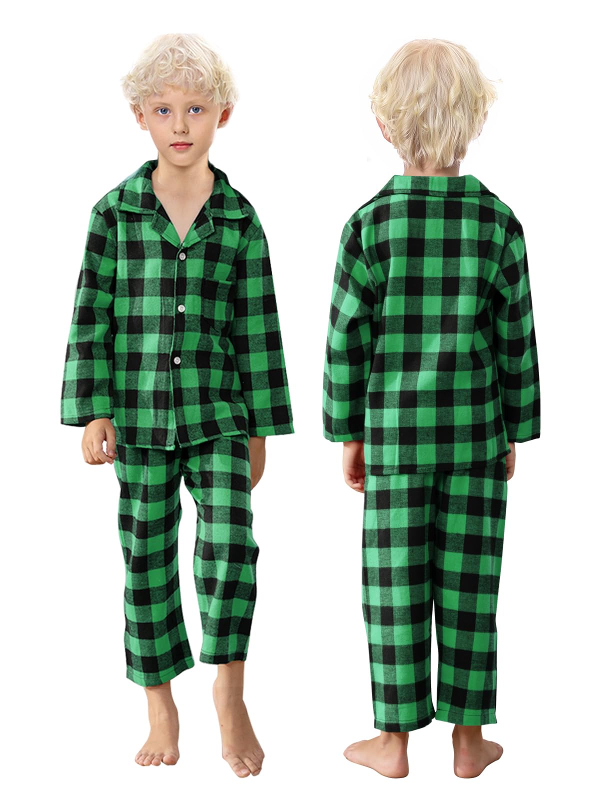 Schbbbta Family Plaid Pajamas Set, Girls Boys 2-Piece Pajamas Set Long Sleeve Sleepwear Button Down Pjs, Black Green, 9-10 Years=Tag 150