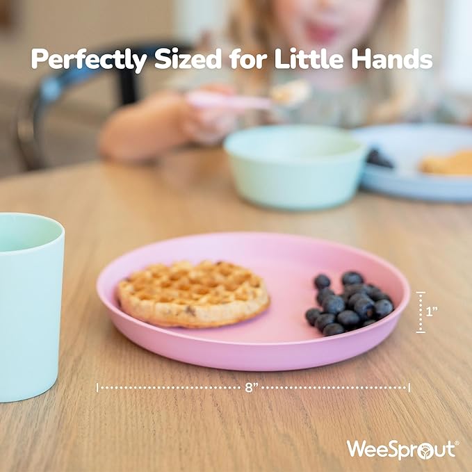 WeeSprout Bamboo Plates, Set of 4, Kid-Sized Dinnerware, Dishwasher Safe Melamine Dishware (Blue, Green, Gray, & Beige, Without Lids)