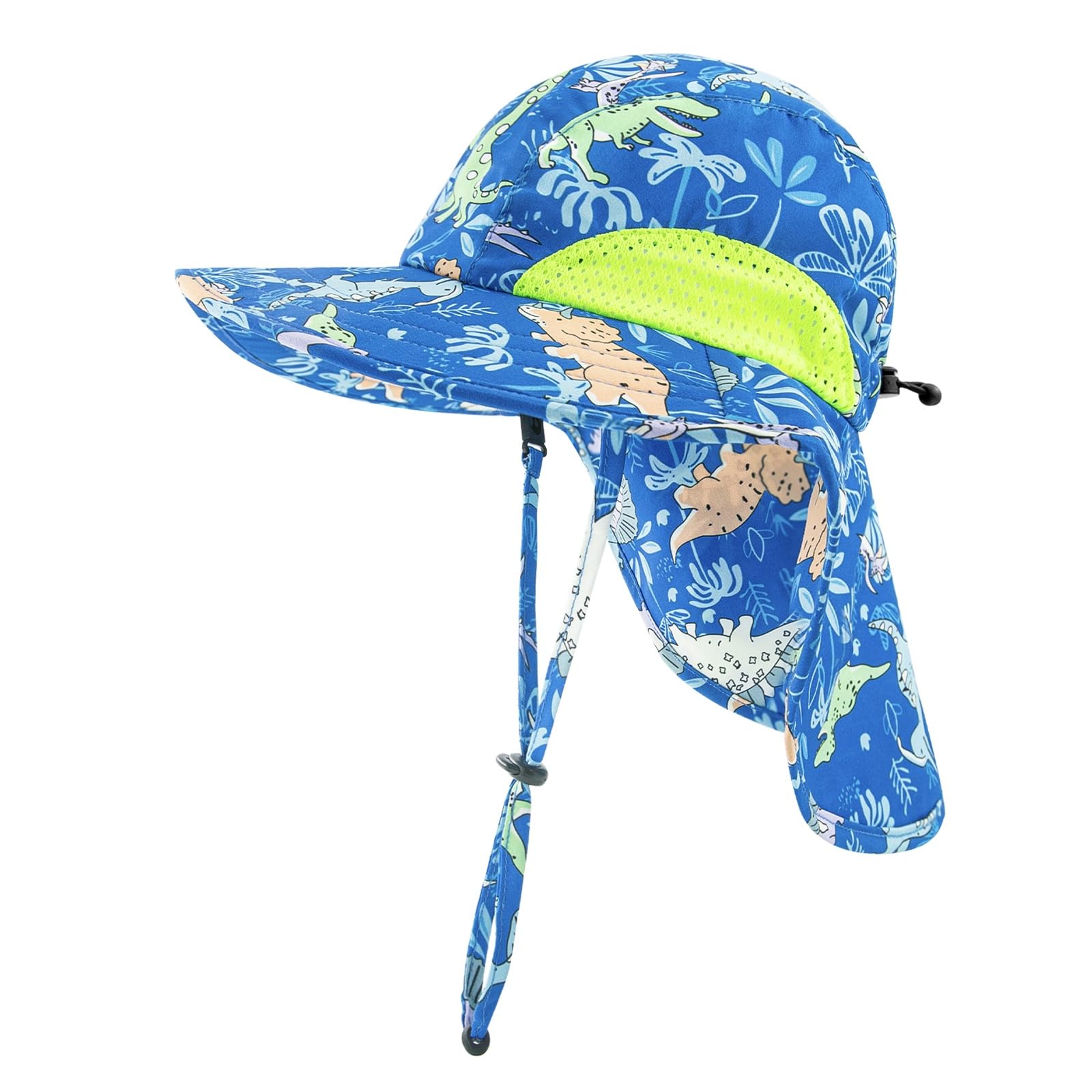 Baby Boy Sun Hat with Neck Flap Chin-Strap Toddler Girl Mesh Bucket Wide Brim Kids Adjustable Summer Beach Cap UPF 50+ (A-Green Dinosaur, L?20.47 -22.04 ?)