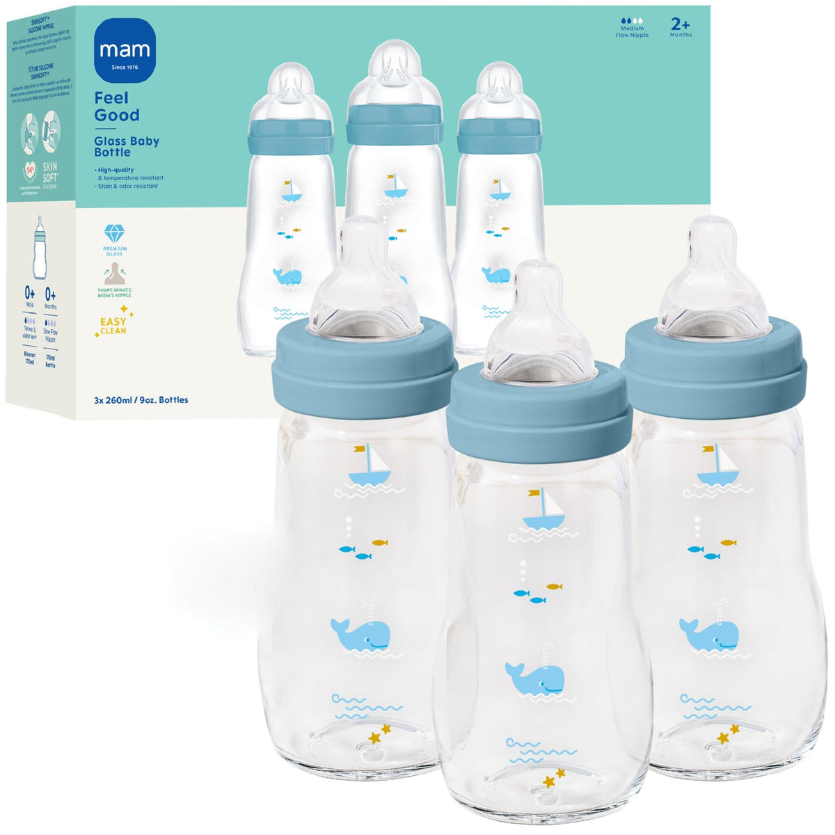 MAM 6oz Pure Glass Feel Good Anti-Colic 0+ Months Baby Bottle, 3 Pack, Girl