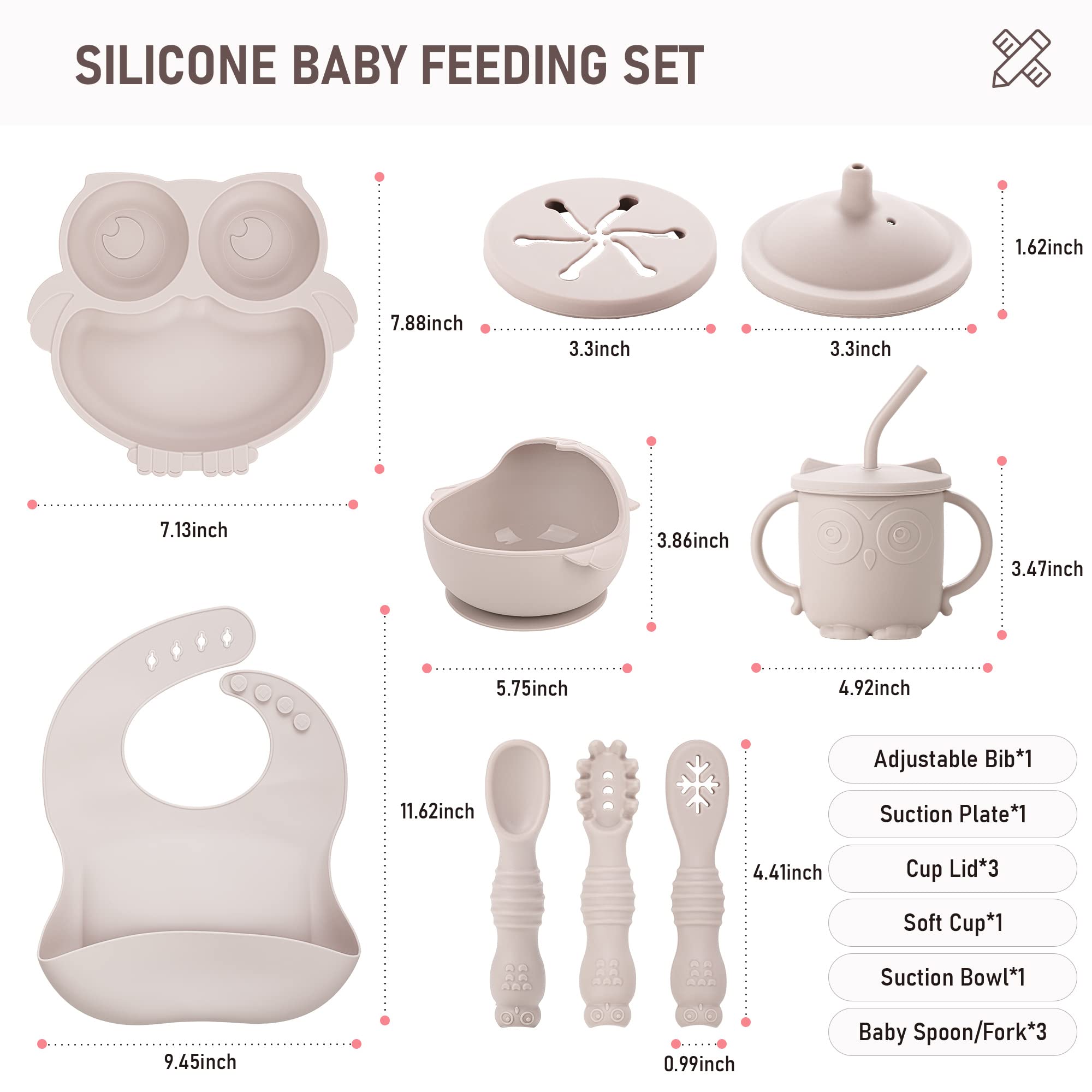 Bnditeu Baby Weaning Set - Silicone Toddler Feeding Set (10 Pcs) with Adjustable Bib, Suction Bowl, Plate, Fork, Spoon, Water & Snack Cup Kit - Baby Led Weaning Kit