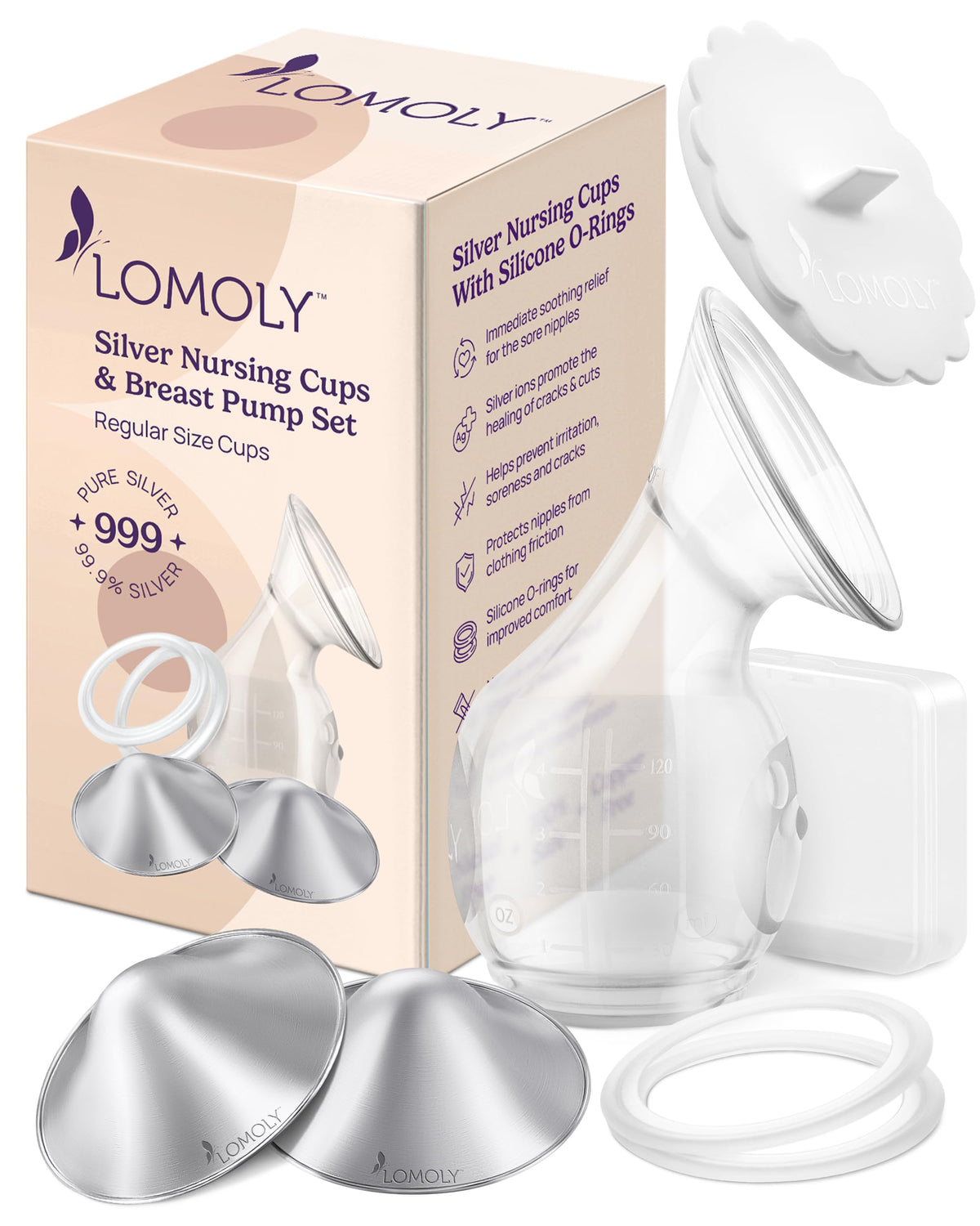 LOMOLY Silver Nursing Cups: Pure 999 Silver Nipple Shield to Relieve Soreness; Silver Nipple Covers Breastfeeding Set w/Breast Shells, Silicone Rings, and Hands-Free Breast Pump