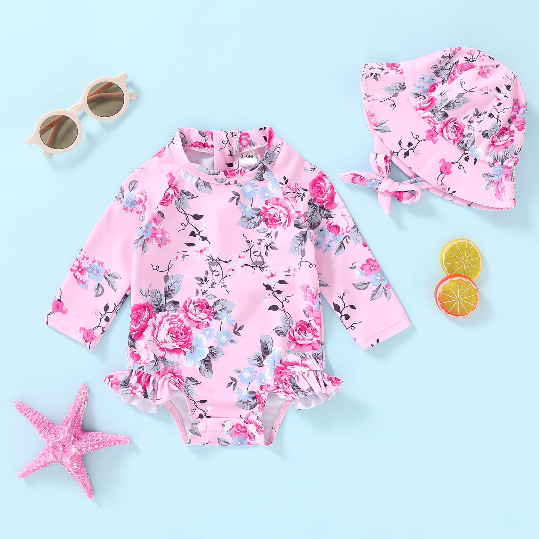 Infant Baby Girl Swimsuit One-Piece Long Sleeve Rash Guard with Hat Set Floral Zipper Bathing Suit Leopard Beach Wear(0-3 Months, Flower#4)