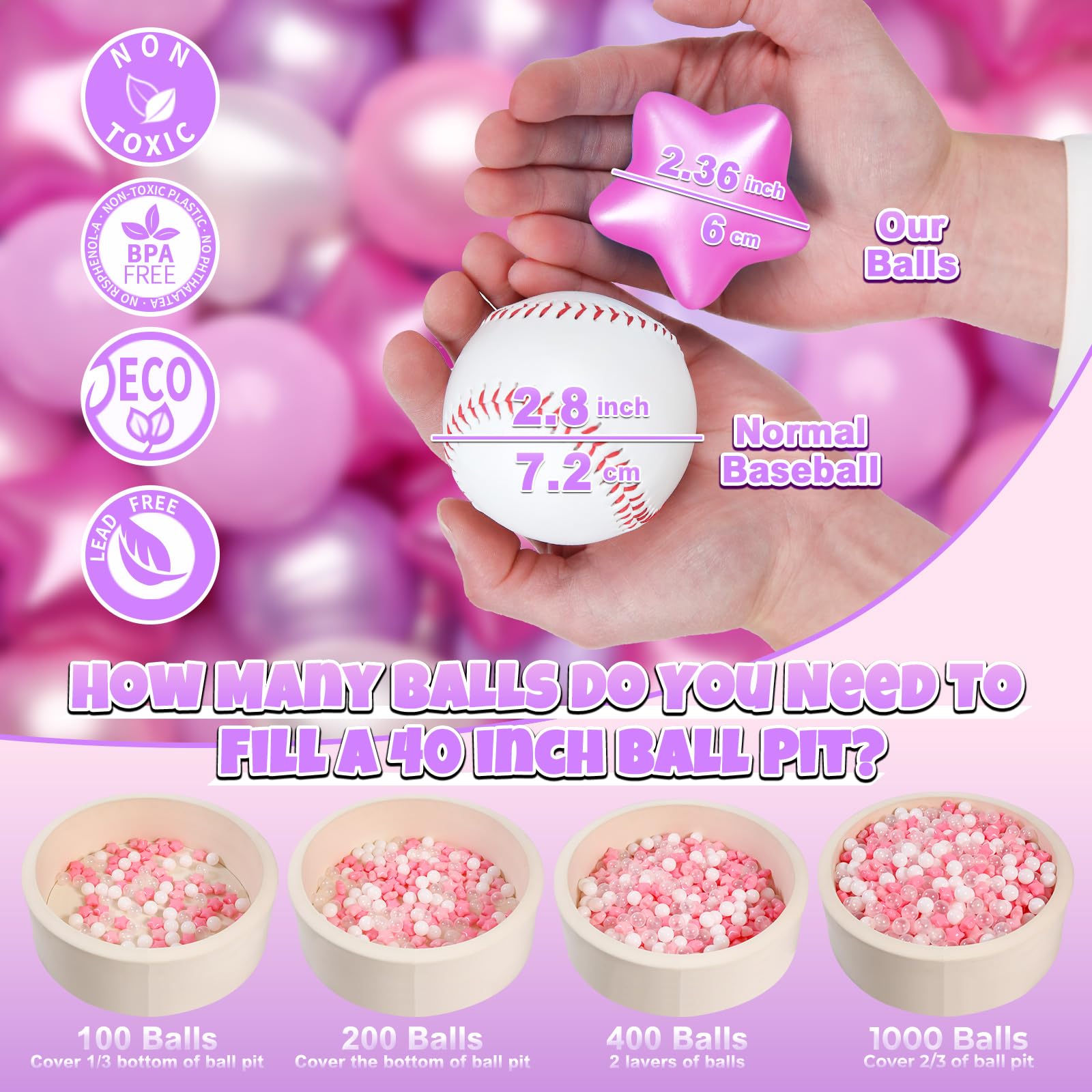 GOGOSO Ball Pits Balls Toddlers 50 100 200 500 Plastics Shape Ball Non-Phthalate Non-BPA Non-Toxic 2.2-Inch Crush Proof Play Balls,Pearl Pink+Pearl Light Pink+ Purple;Star+Heart Balls, 50 Balls