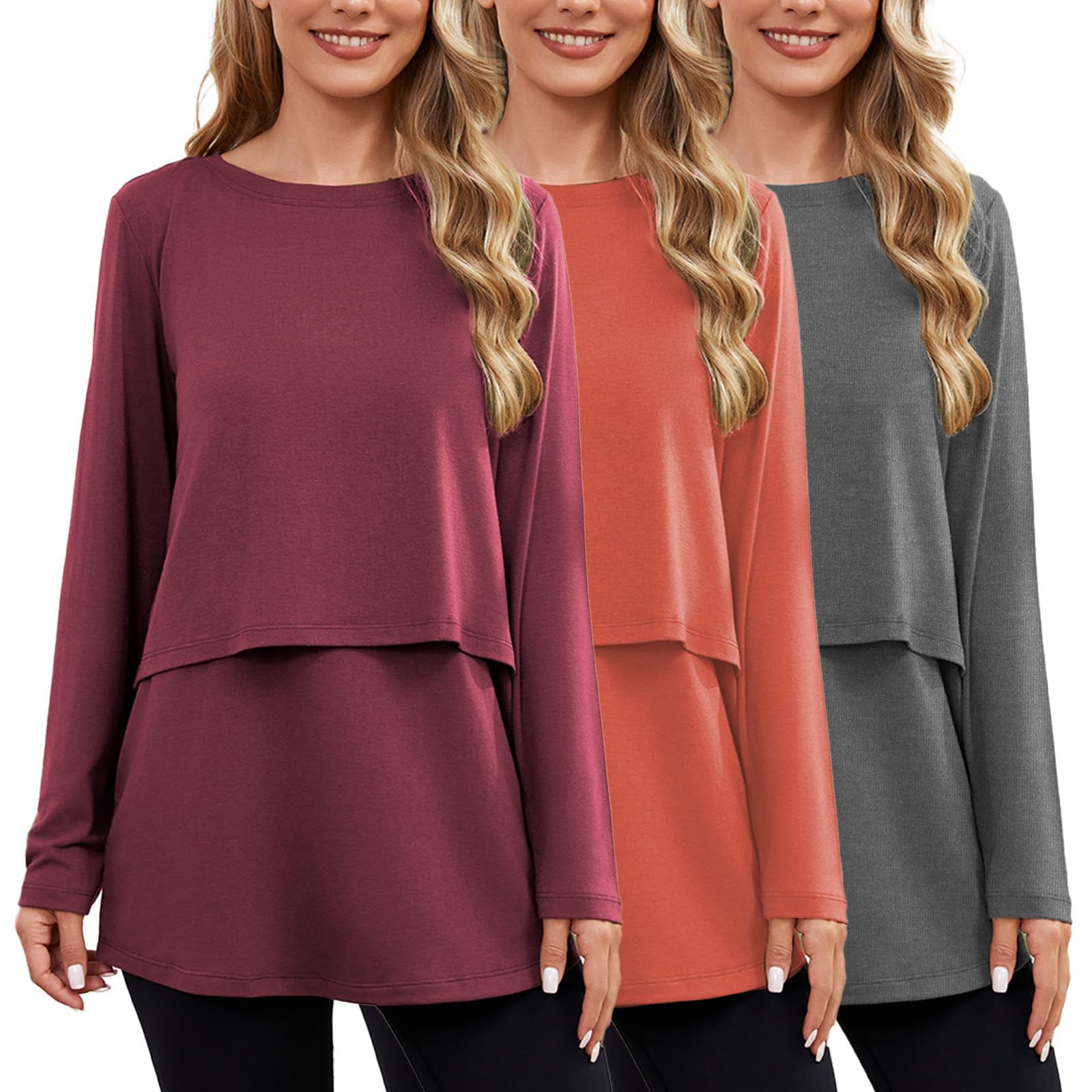 Ecavus Women's 3Pack Maternity Nursing Shirts Long Sleeve Double Layer Breastfeeding Shirts Comfy Pregnancy Clothes