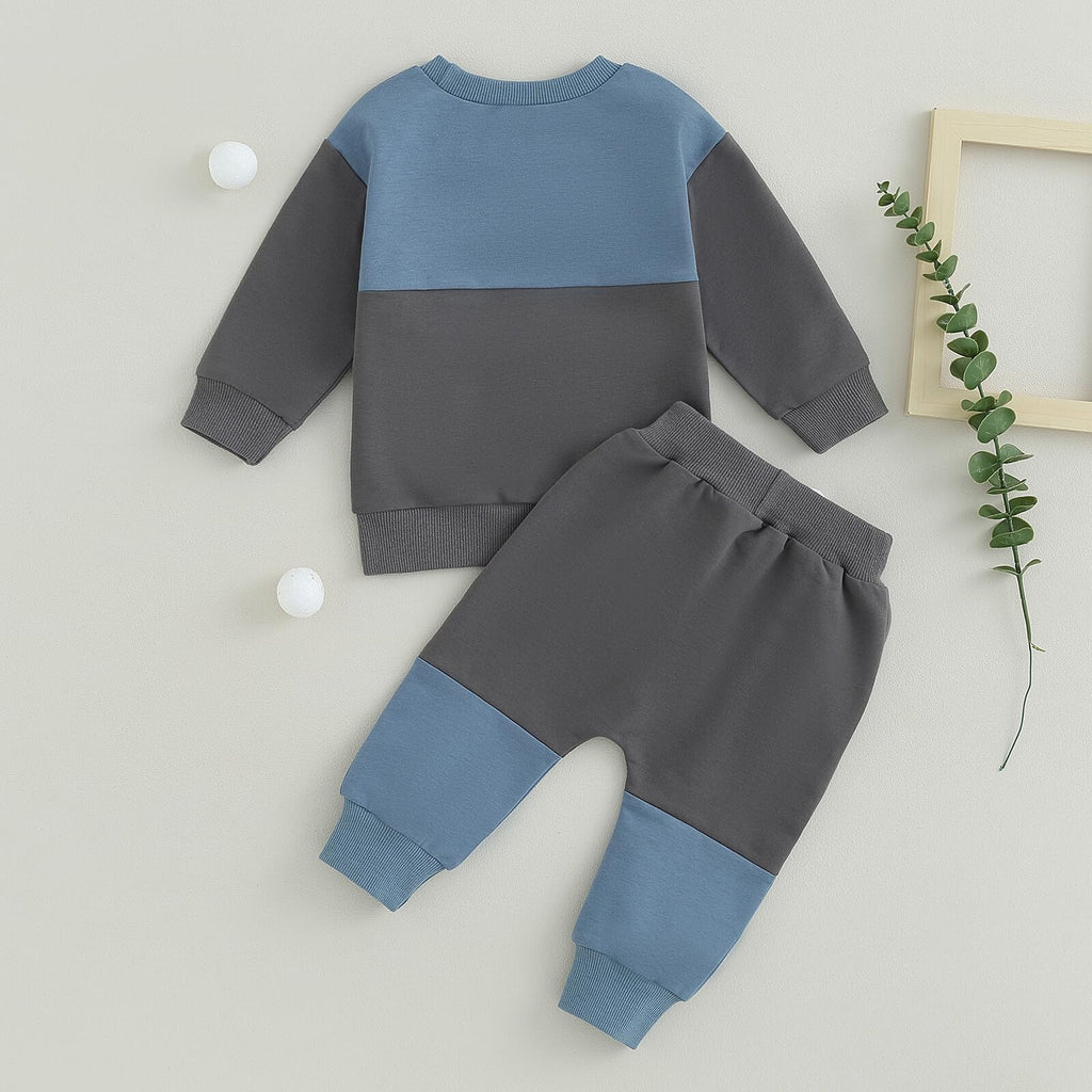 Kupretty Toddler Baby Boy Color Block Sweatshirt Pants Blue Dark Gray 0-6M