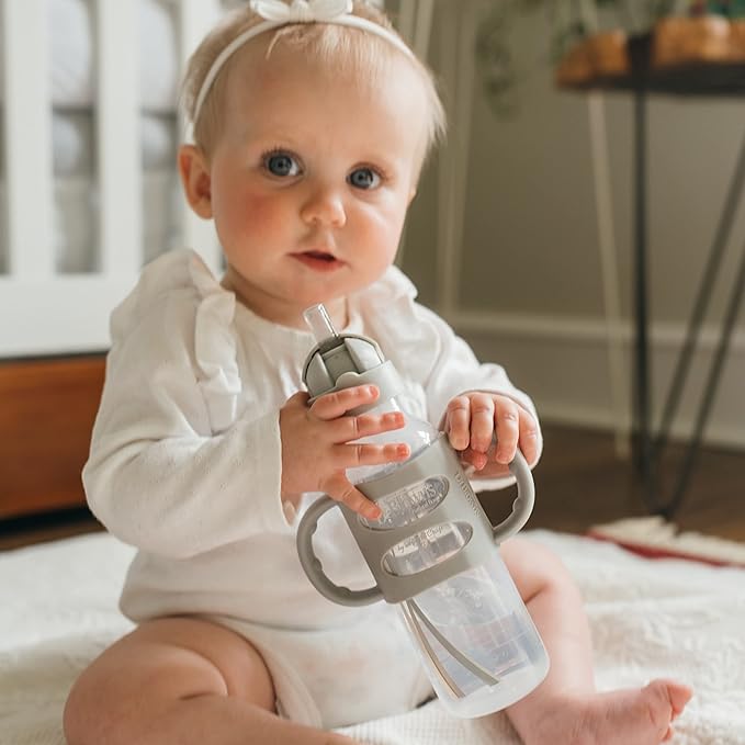 Dr. Brown's Milestones Narrow Sippy Straw Bottle, Spill-Proof with 100% Silicone Handles and Weighted Straw, 8 oz/250 mL, Gray & Green, 6m+