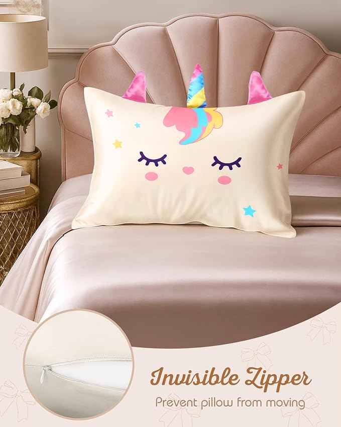 Kids Pillowcases Standard Size 20"x26" - Cute Cartoon Soft Breathable Silk Pillow Cases for Hair and Skin with Hidden Zipper for Girls Fun Kawaii Design for Bedding, White Unicorn