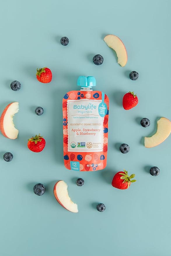 Babylife Organics Stage 2 - Apple, Strawberry & Blueberry, 3.5 Ounce Pouch (6 Pack) - Heavy Metal Safe, Organic Baby Food