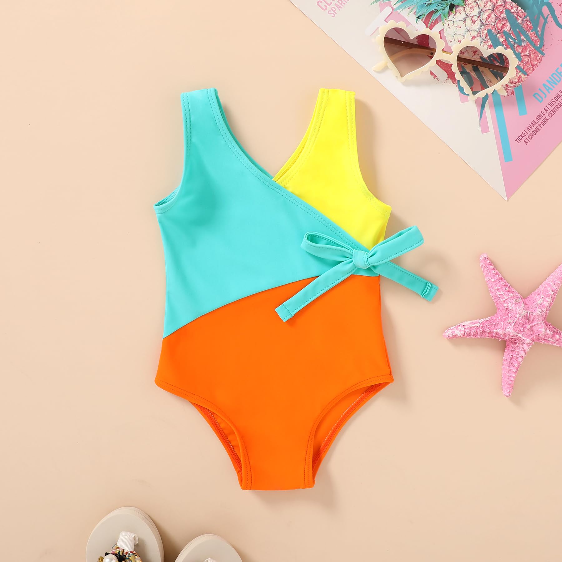 Happy Town Toddler Swimsuit Girl One Piece Bathing Suit Color Block Swimwear Baby Summer Beach Wear(6-7 Years,Yellow Blue Orange)
