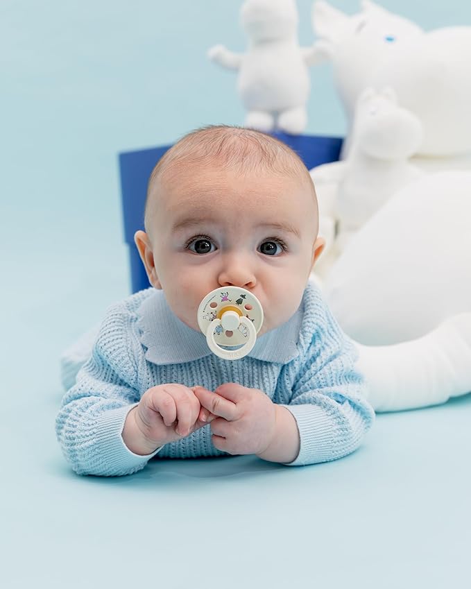 BIBS Colour Moomins Pacifier 2-Pack, BPA Free Pacifier, Round Nipple. Natural Rubber Latex, Made in Denmark, Size 1 (0-6 Months), Baby Pink/Hush