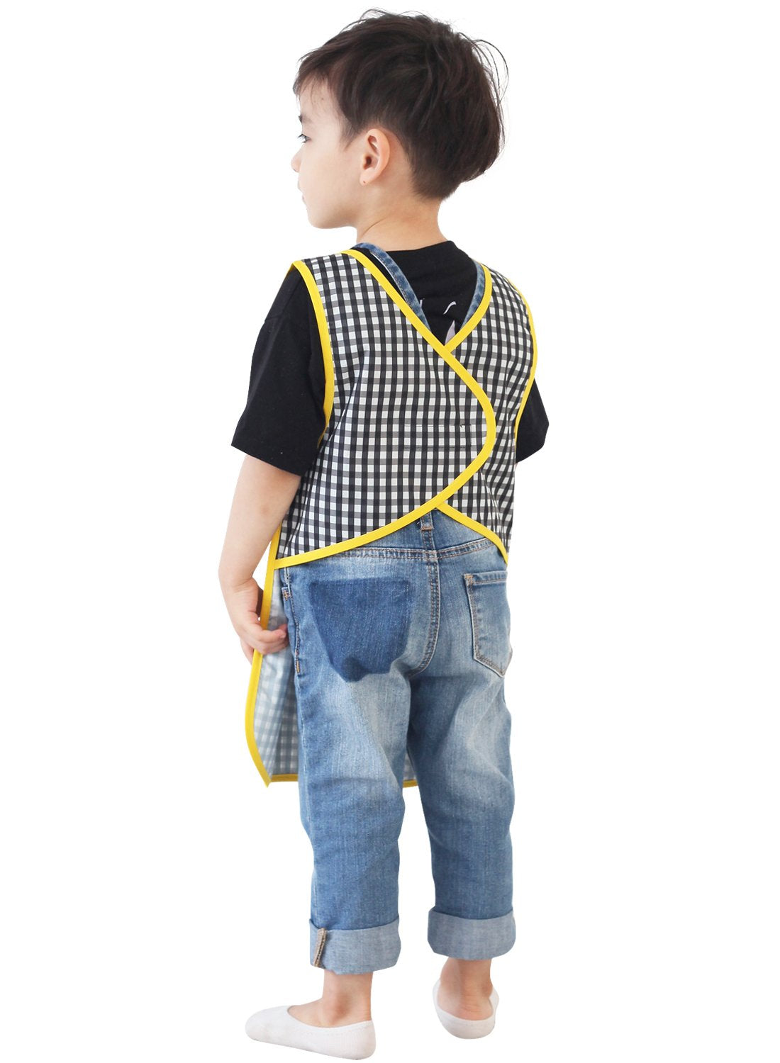 Plie Kids Painting Apron – Waterproof Art Smock for Toddlers & Preschoolers, Messy Play, Baking, Crafts, Cooking, Sensory Activities, Mealtime (Ages 1–10), Black Check (33-XL)