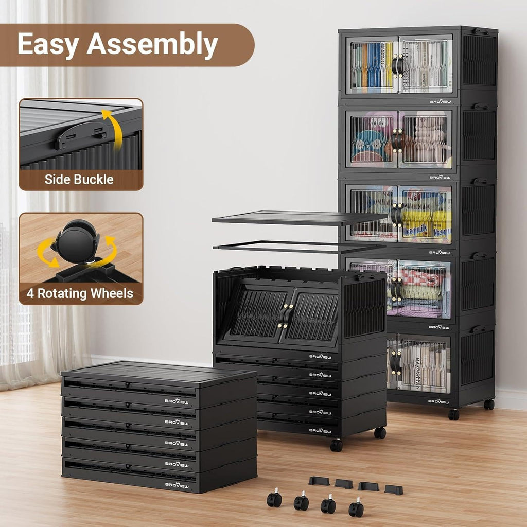 BROVIEW 320Qt Stackable Storage Bins with Lid, Extra Large Closet Organizer Collapsible Drawer Boxes with Wheels, Folding Plastic Cabinet Containers for Home Kitchen Room Organization, 4Pack Black
