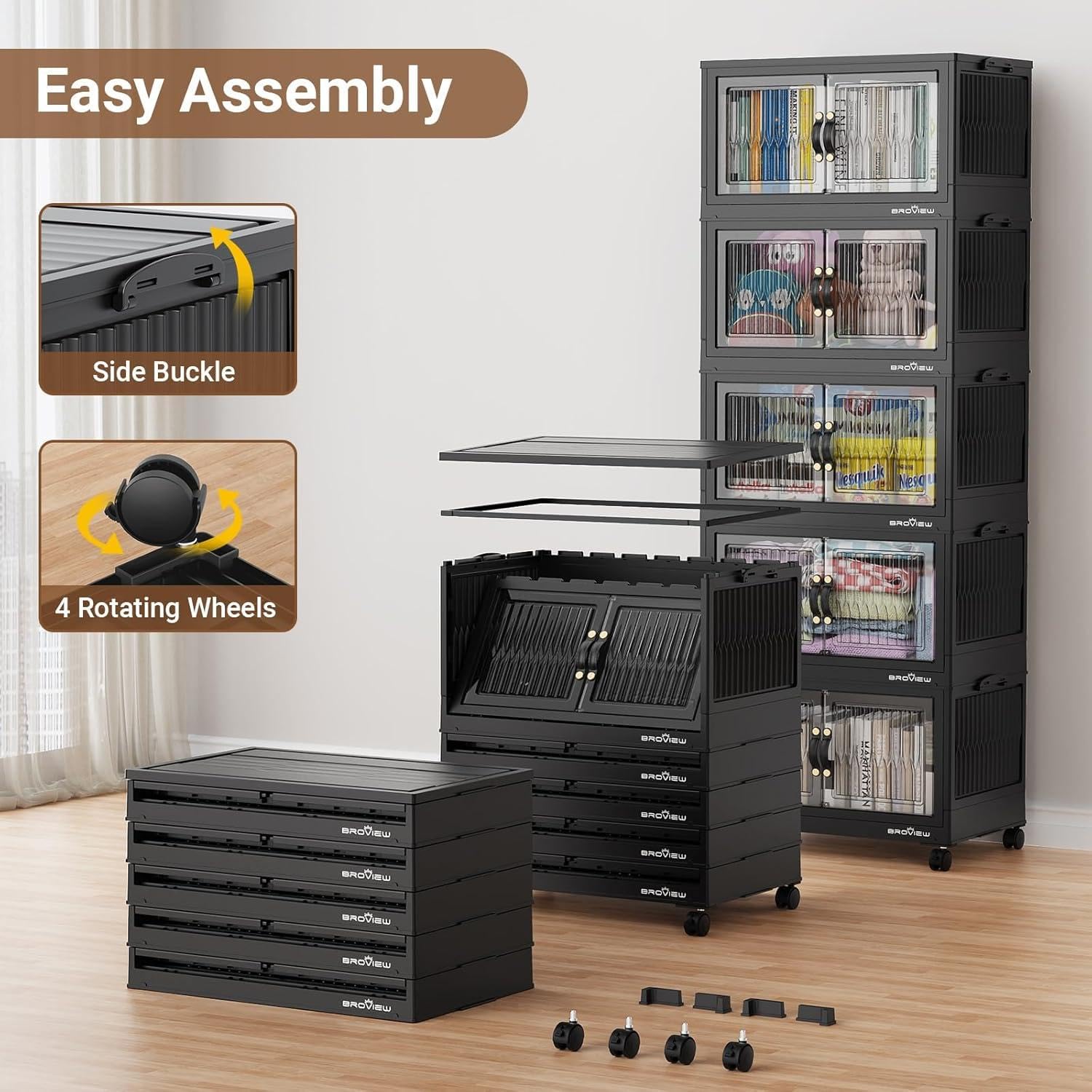 BROVIEW 320Qt Stackable Storage Bins with Lid, Extra Large Closet Organizer Collapsible Drawer Boxes with Wheels, Folding Plastic Cabinet Containers for Home Kitchen Room Organization, 4Pack Black