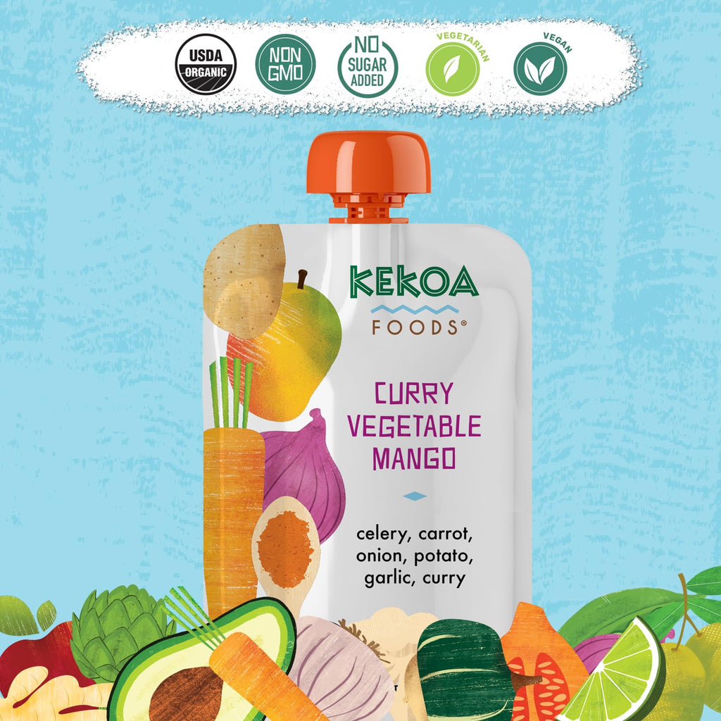 Kekoa Foods Curry Vegetable Mango Baby Food Purée | 100% USDA Certified-Organic, No Sugar Added | Organic, Non-GMO, Gluten-Free, Vegan | Mild Curry with Celery, Carrot & Potato | 3.5 oz Squeeze Pouch