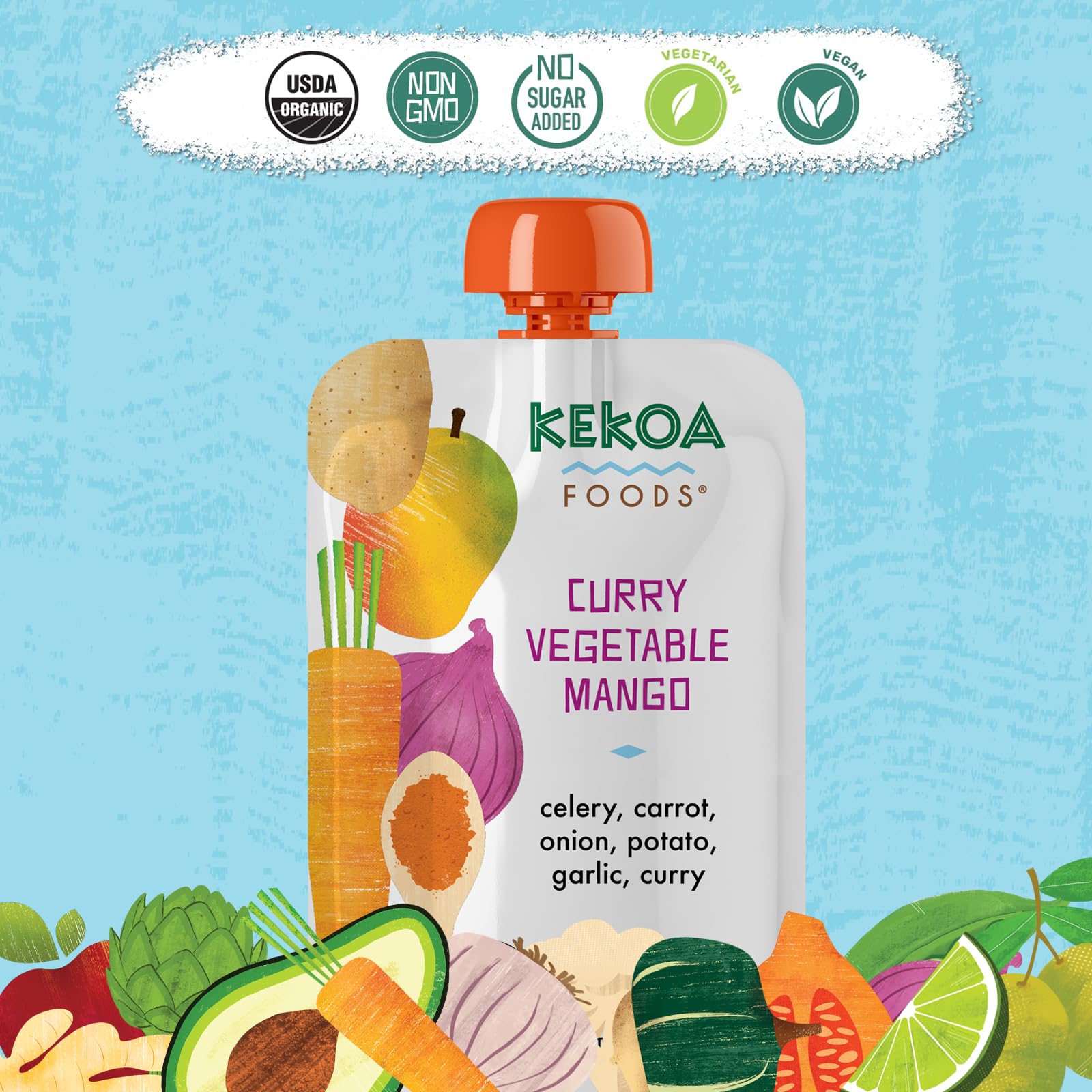 Kekoa Foods Curry Vegetable Mango Baby Food Purée | 100% USDA Certified-Organic, No Sugar Added | Organic, Non-GMO, Gluten-Free, Vegan | Mild Curry with Celery, Carrot & Potato | 3.5 oz Squeeze Pouch