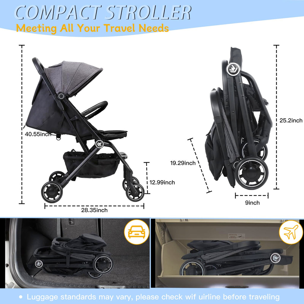 Rollingsurfer Lightweight Baby Stroller for Airplane, Compact Travel Pushchair with Retractable Foot Cover & Reclining Backrest, One Hand Fold Stroller for Toddlers 0-36 Months