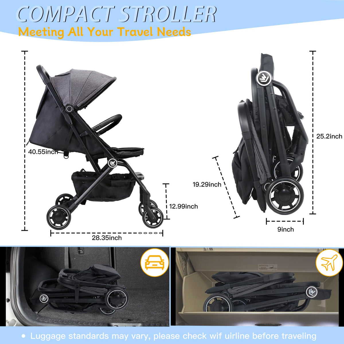 Rollingsurfer Lightweight Baby Stroller for Airplane, Compact Travel Pushchair with Retractable Foot Cover & Reclining Backrest, One Hand Fold Stroller for Toddlers 0-36 Months