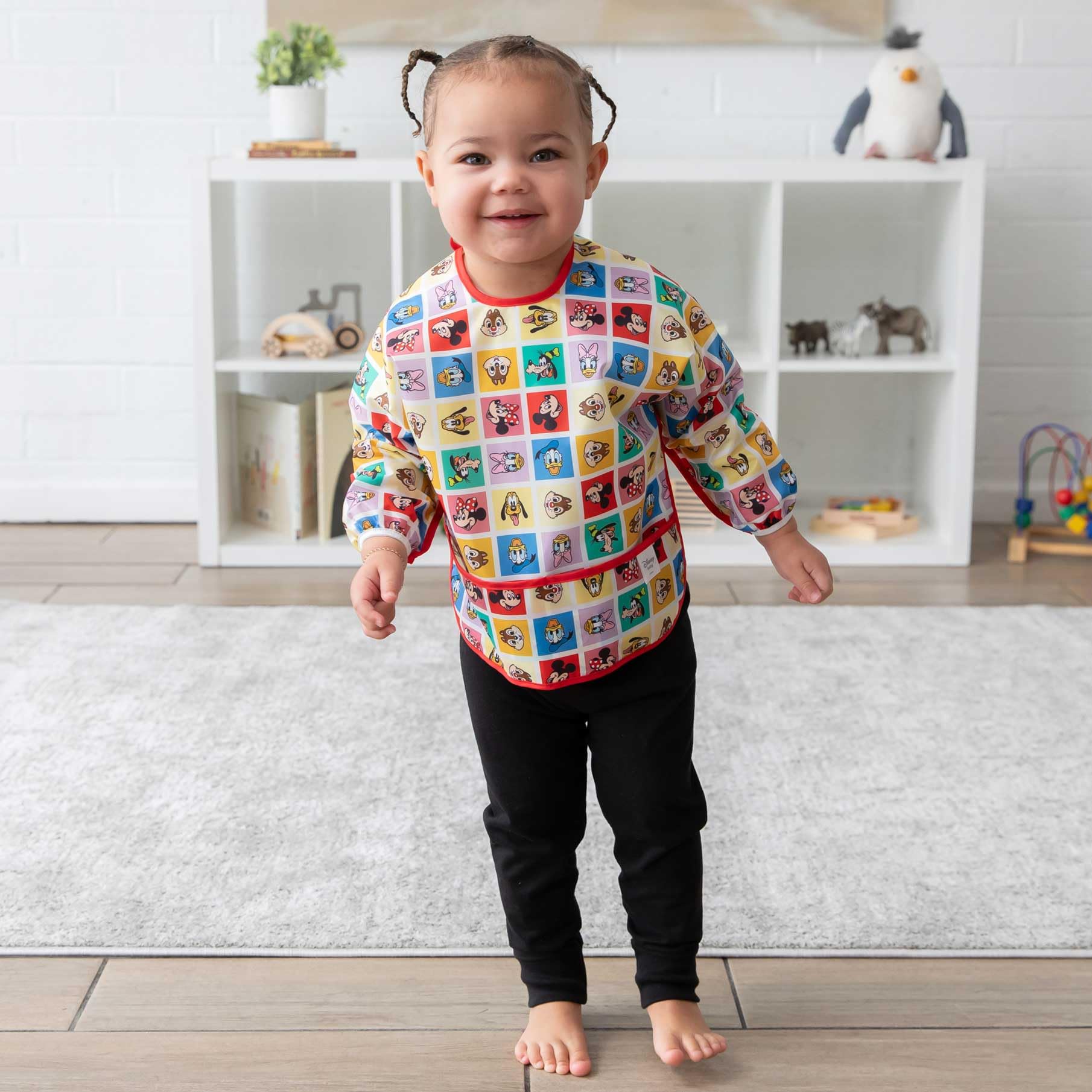 Bumkins Disney Sleeved Bib for Girl or Boy, Baby and Toddler for 6-24 Mos, Essential Must Have for Eating, Feeding, Baby Led Weaning Supplies, Long Sleeve Mess Saving, Mickey and Friends Check Mates