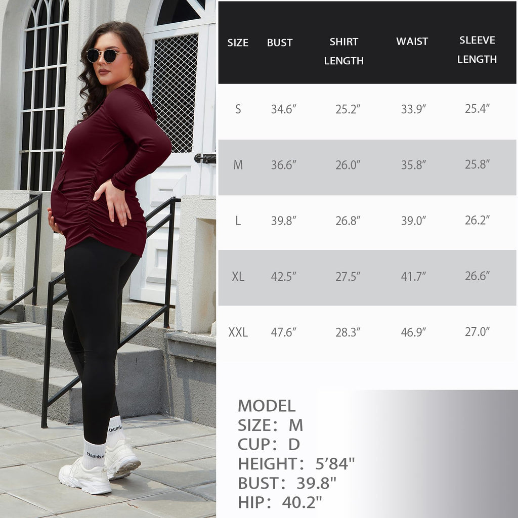 GINKANA Maternity Hoodie Sweatshirt Long Sleeve Basic Top Ruch Sides for Pregnant Women,Burgundy Red,Small