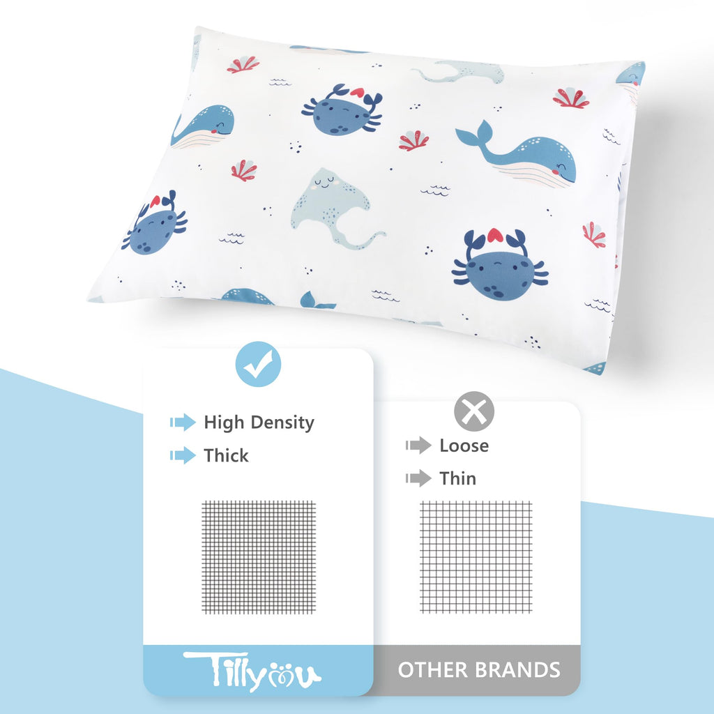 TILLYOU Toddler Pillowcase 2 Pack with Envelope Closure,13" x 18" Silky Soft Microfiber Travel Kids Pillowcase for Boys and Girls, Beach Time Turtle&Manta Ray