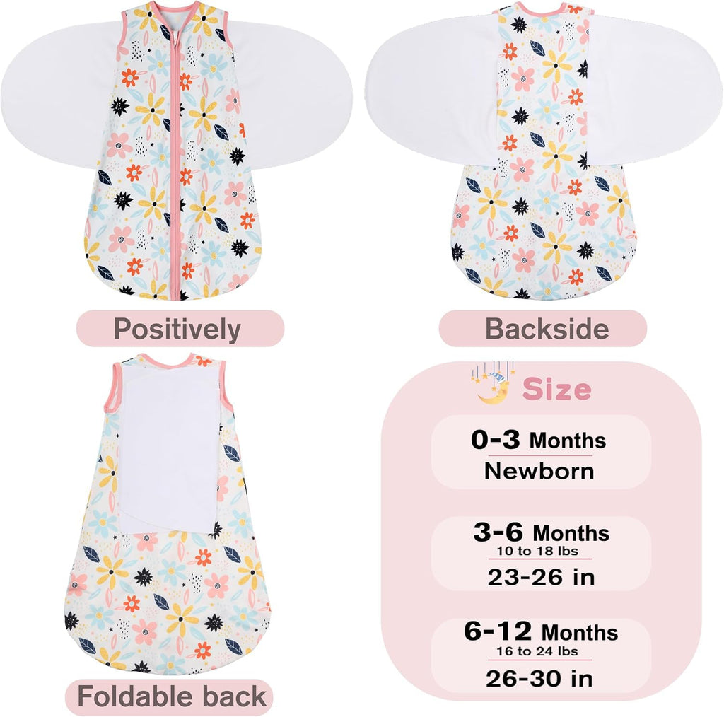 BSTOPPT Newborn Sleep Sack Baby Swaddle,6-12 Months,3-Way Adjustable Wearable Blanket,100% Rayon Cotton Swaddling Sleeping Bag，TOG 0.5（Heart&Floral）