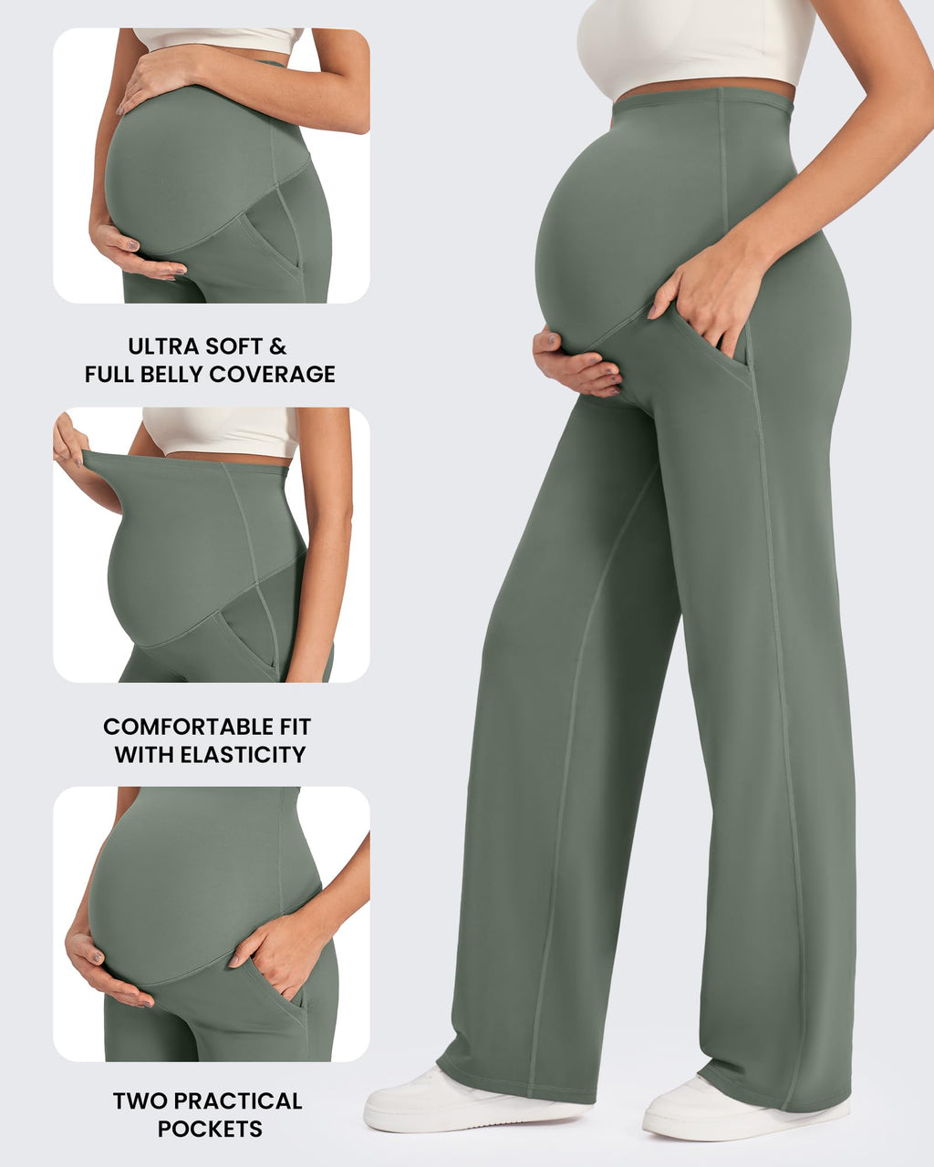 G4Free Maternity Work Pants Over the Belly for Yoga,Gray Sage,XL,Regular