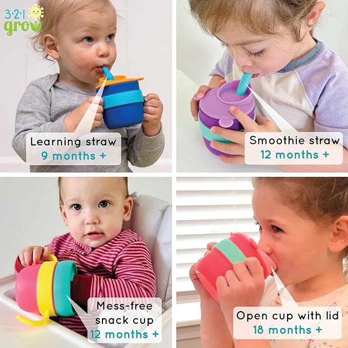 Easy Learn Drink and Snack Set – Baby + Toddler Silicone Learning Cup & Snack Set, Training Cup for Straw and Open Cup Independence – Dishwasher Safe (Plum)
