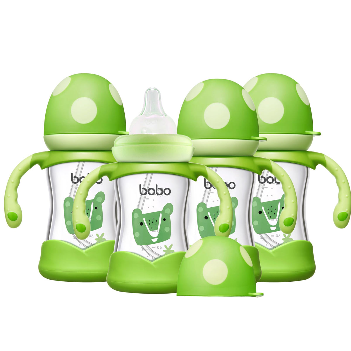 YOHKOH Natural Glass Baby Bottle with Handle, 5.4oz (4-Pack) Green
