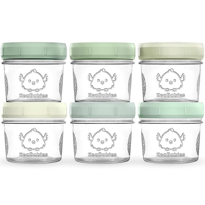 KeaBabies 6pk 4oz Glass Baby Food Containers with Lids - Leak-Proof, Microwavable Small Glass Jars, Baby Purees & Toddler Snack Storage Containers, BPA-Free, Dishwasher & Freezer Safe (Sage)