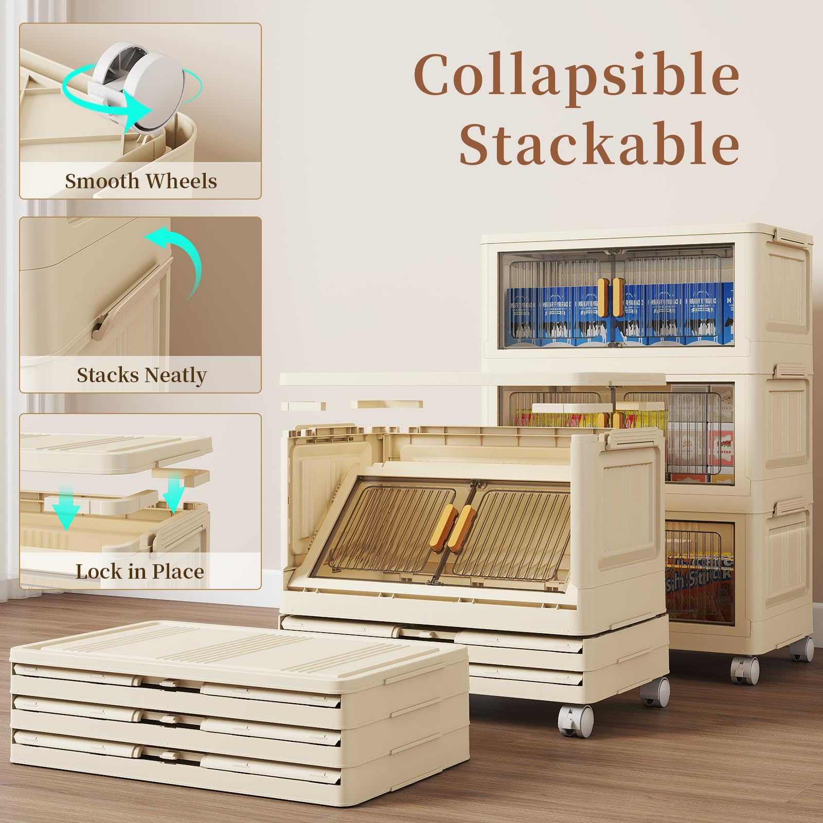 3 Tier - 28QT Stackable Storage Bins with Lids, Storage Cabinet with Wheels