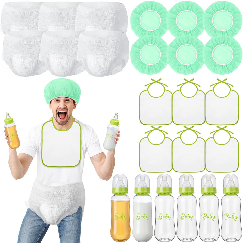 6 Sets Bottle Chug Baby Shower Games Juegos Para Plastic Baby Bottles Bibs Hat Disposable Diapers Gender Reveal Games Baby Changing Diaper Race Game Decoration (Green)