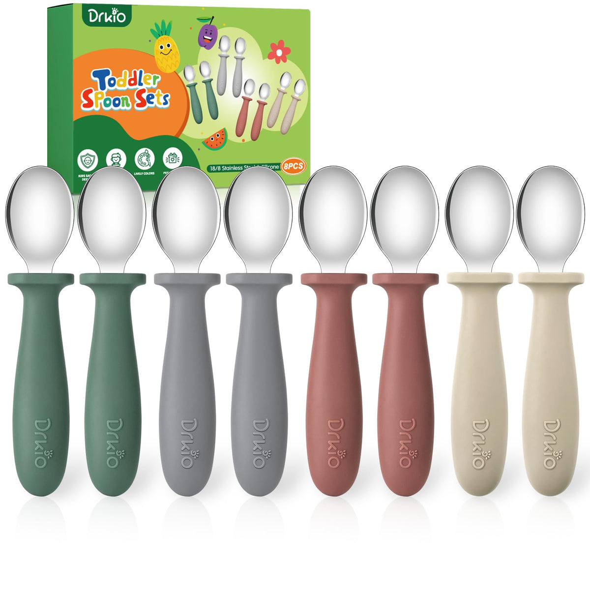 DRKIO 8 Pcs Toddler Spoons Set Baby Spoons with Silicone Handle