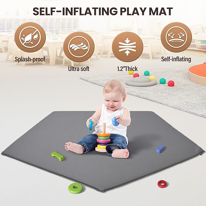 Baby Playpen with Self-Inflating Play Mat & Travel Bag, Portable Outdoor Playpen for Babies and Toddlers, Foldable Pop Up Play Tent for Home, Park, Beach and Camping (Grey)