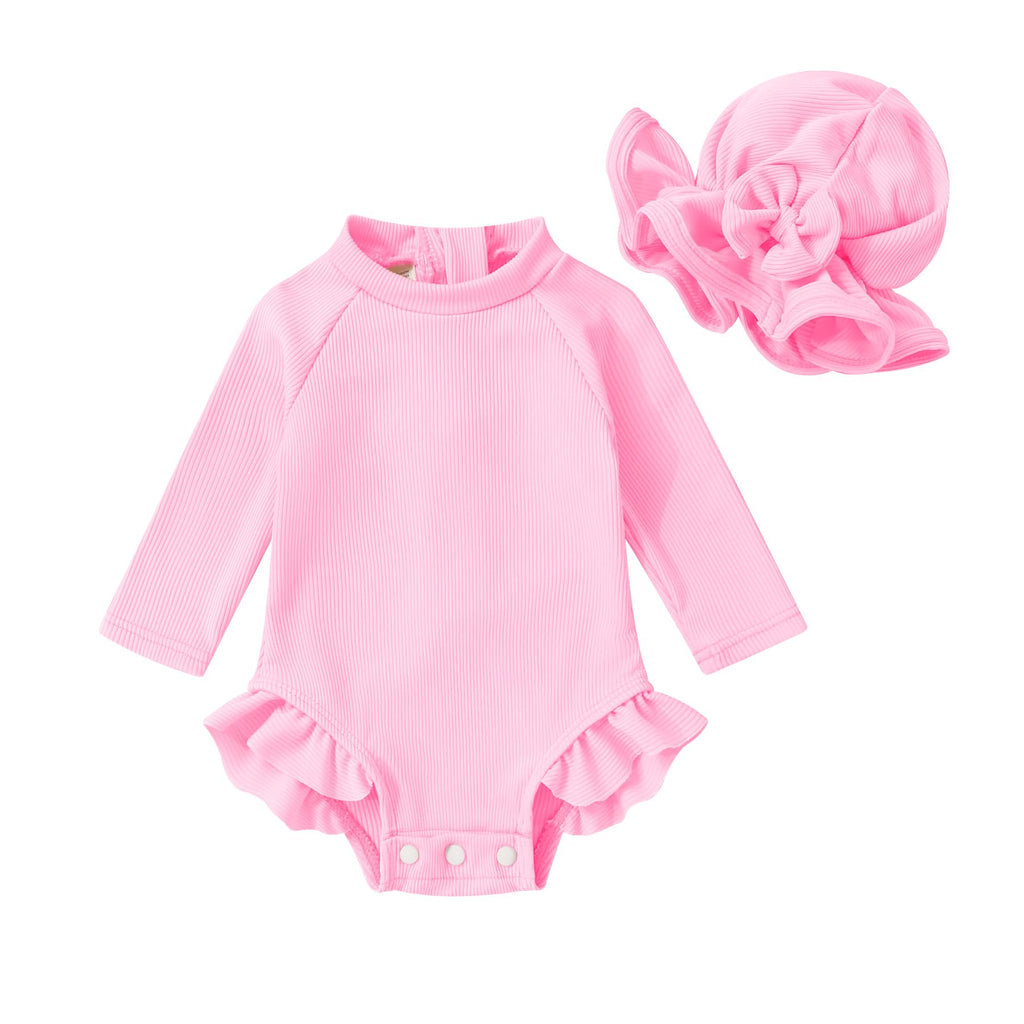 YOUNGER TREE Infant Baby Girls Swimsuit Long Sleeve One Piece Swimsuit Solid Color Bathing Suit with Hat, UPF 50+ (Pink, 18-24 Months)