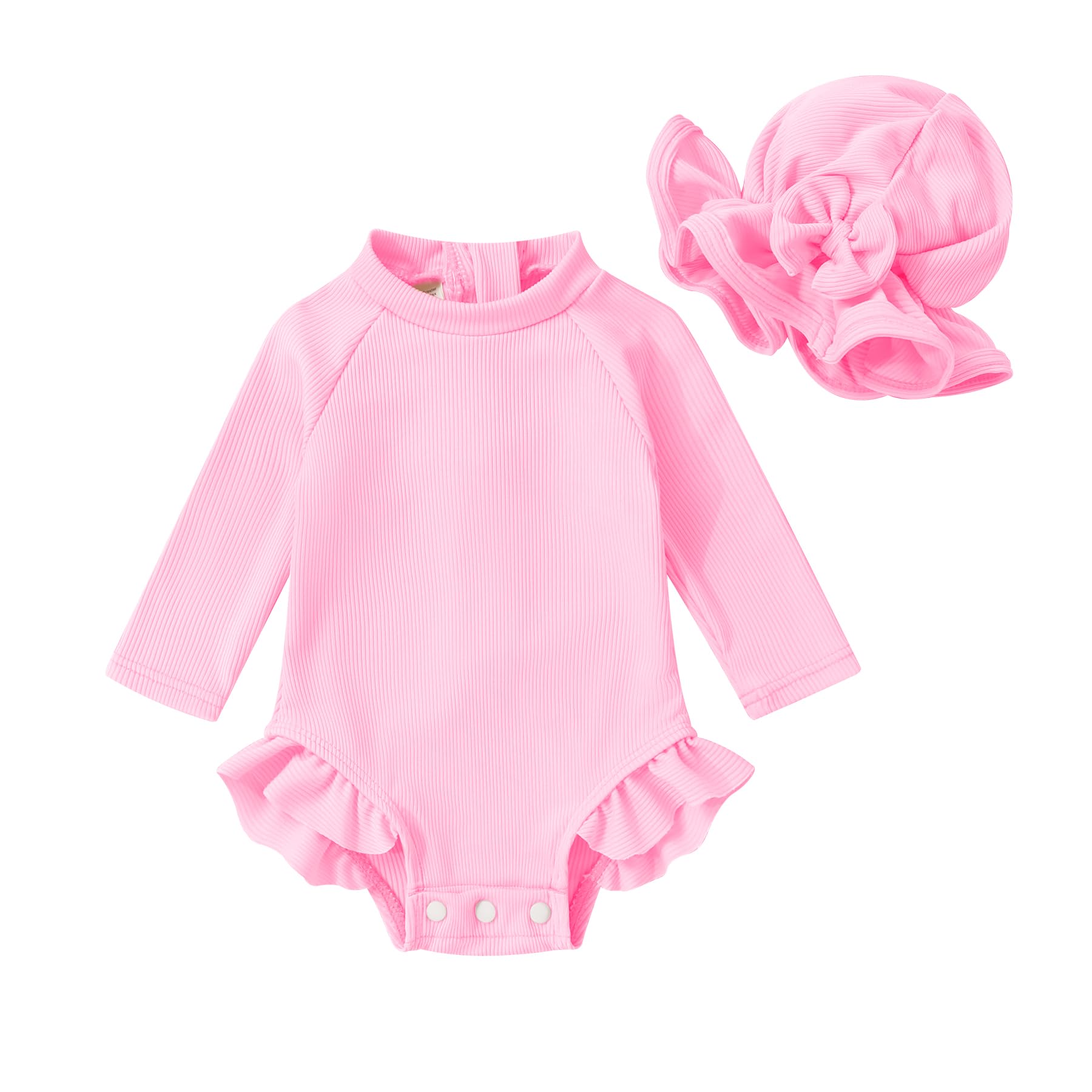 YOUNGER TREE Infant Baby Girls Swimsuit Long Sleeve One Piece Swimsuit Solid Color Bathing Suit with Hat, UPF 50+ (Pink, 18-24 Months)
