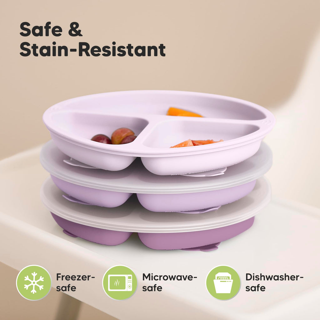 KeaBabies Suction Plates with Lids for Baby, 3pk 100% Silicone (Amethyst)
