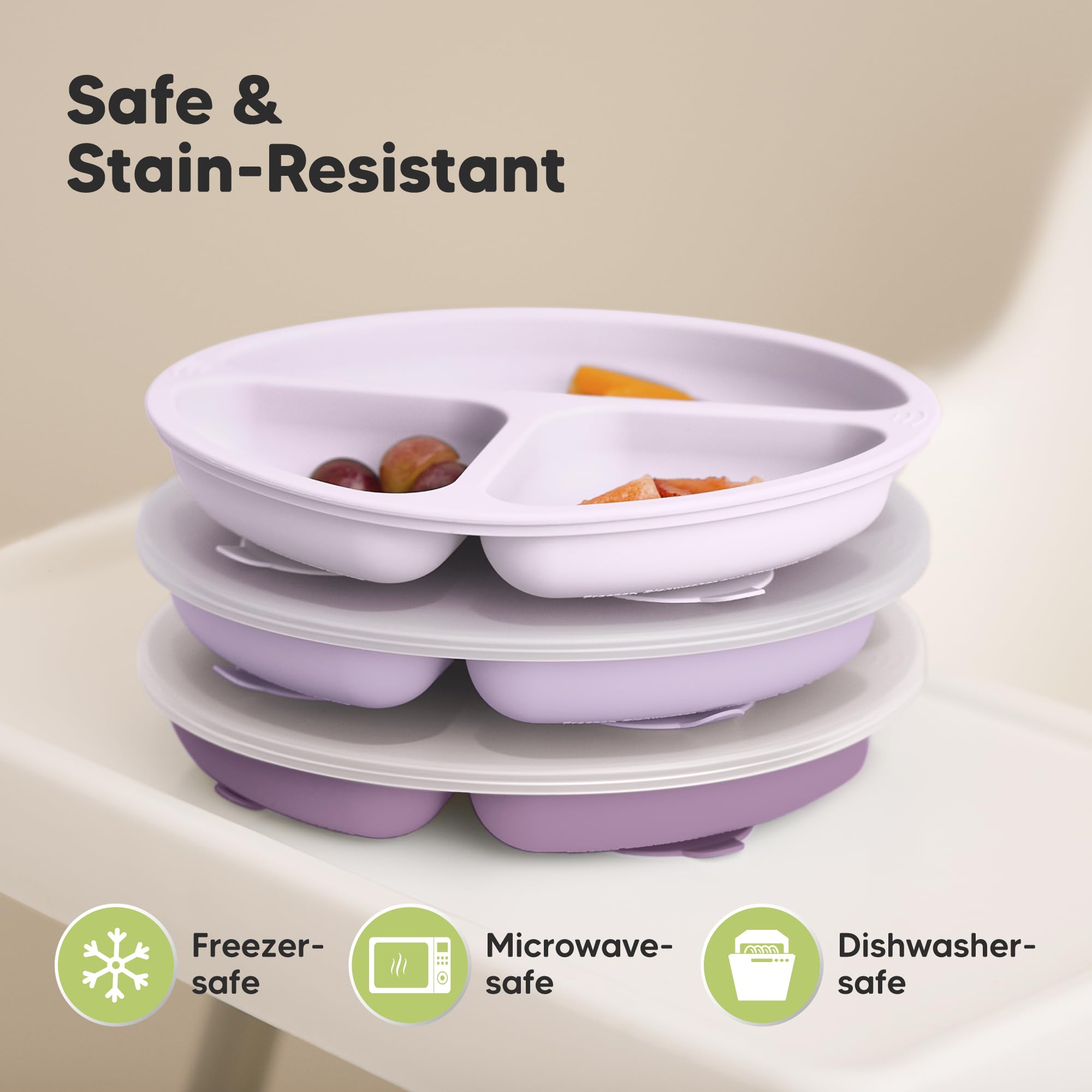 KeaBabies Suction Plates with Lids for Baby, 3pk 100% Silicone (Amethyst)