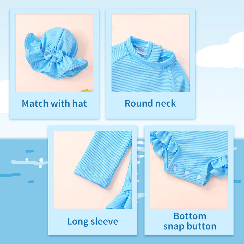 YOUNGER TREE Infant Baby Girls Swimsuit Long Sleeve One Piece Swimsuit Solid Color Bathing Suit with Hat, UPF 50+ (Blue, 18-24 Months)