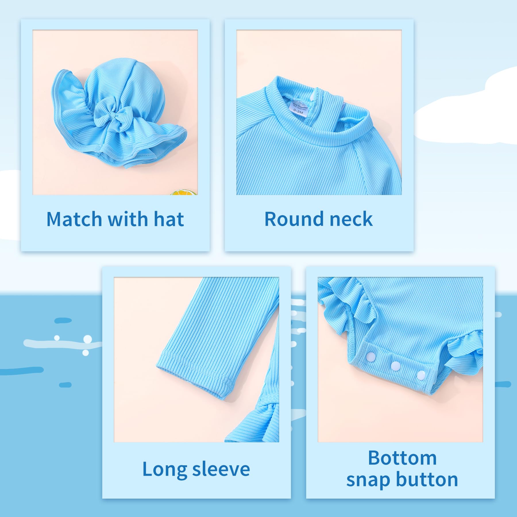 YOUNGER TREE Infant Baby Girls Swimsuit Long Sleeve One Piece Swimsuit Solid Color Bathing Suit with Hat, UPF 50+ (Blue, 18-24 Months)