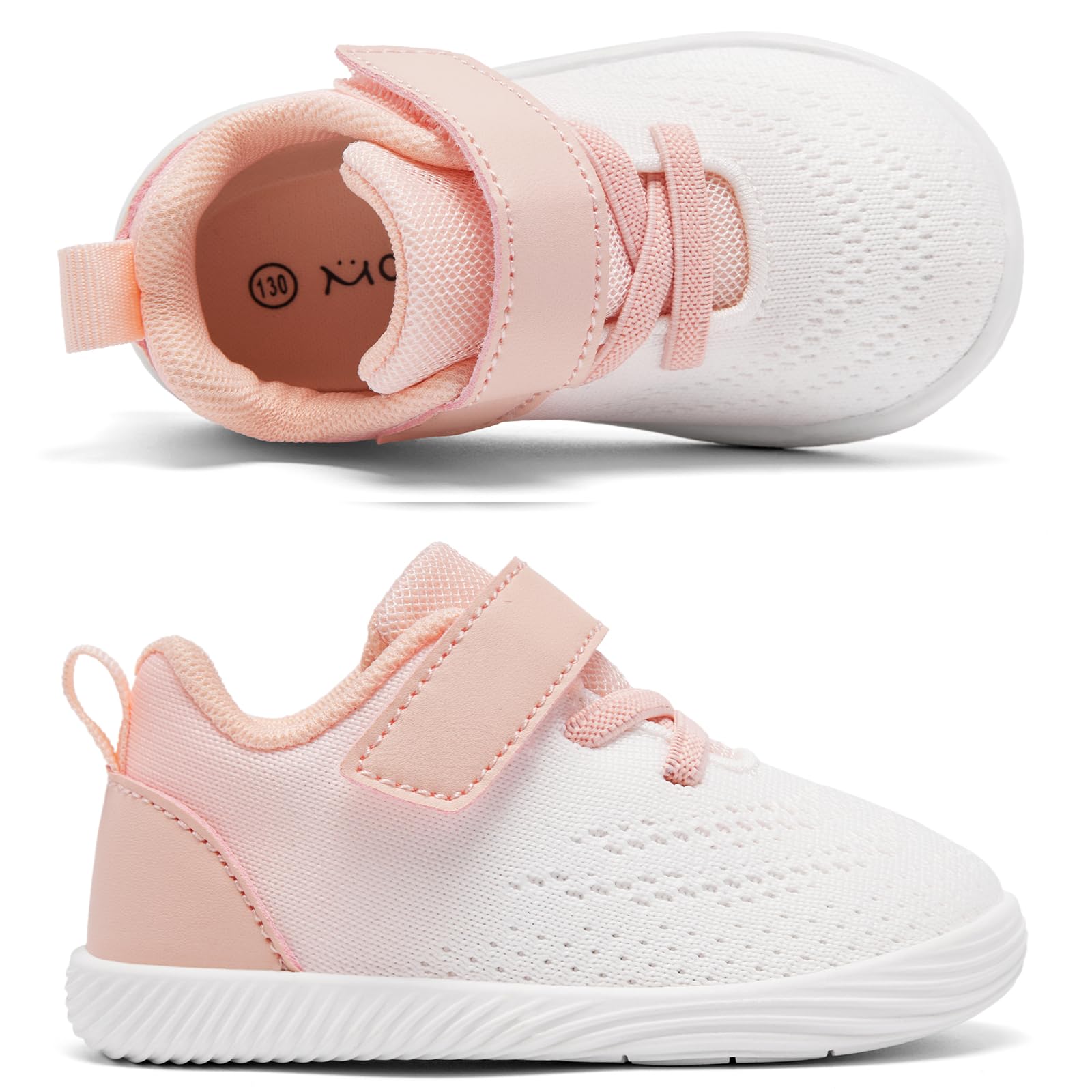 MORENDL Toddler Sneakers Baby Boys & Girls Barefoot Shoes Lightweight Breathable Walking Running Tennis Athletic Sport Shoes White Pink 18-24 Months Size 6.5