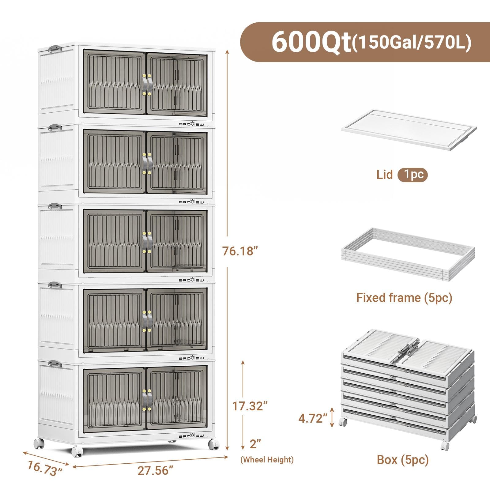 BROVIEW 600Qt Stackable Storage Bins with Lid, Extra Large Closet Organizer Collapsible Drawer Boxes with Wheels, Folding Plastic Cabinet Containers for Home Kitchen Room Organization, 5Pack White