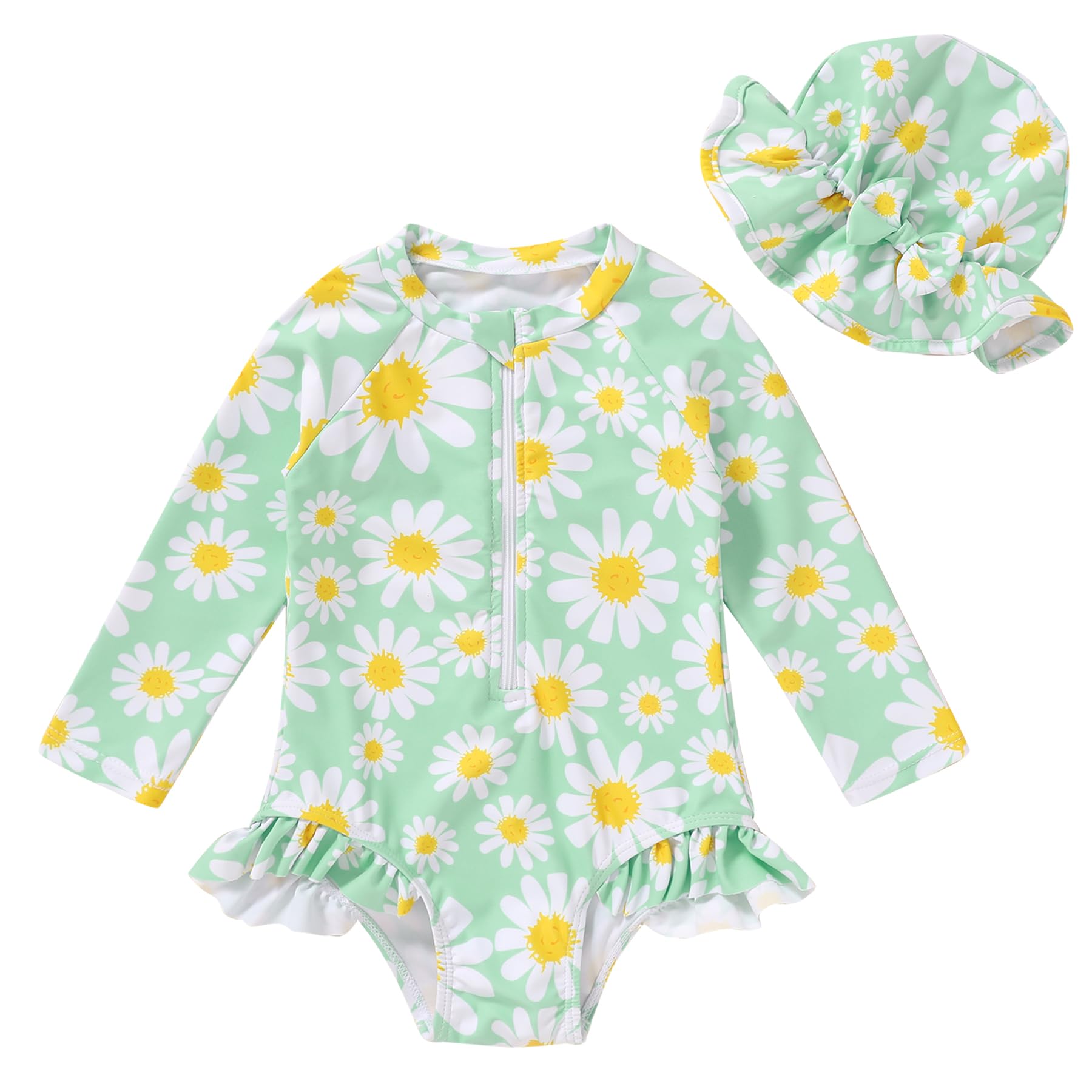 Infant Baby Girl Swimsuit One-Piece Long Sleeve Rash Guard with Hat Set Floral Zipper Bathing Suit Leopard Beach Wear(Green#Daisy, 12-18 Months)