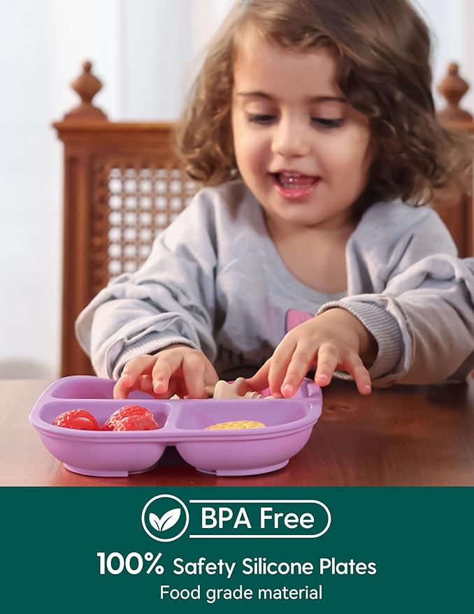 BABELIO Powerful Suction Plates for Baby & Toddler, 100% Food Grade Silicone, Divided, BPA Free, Microwave & Dishwasher Safe
