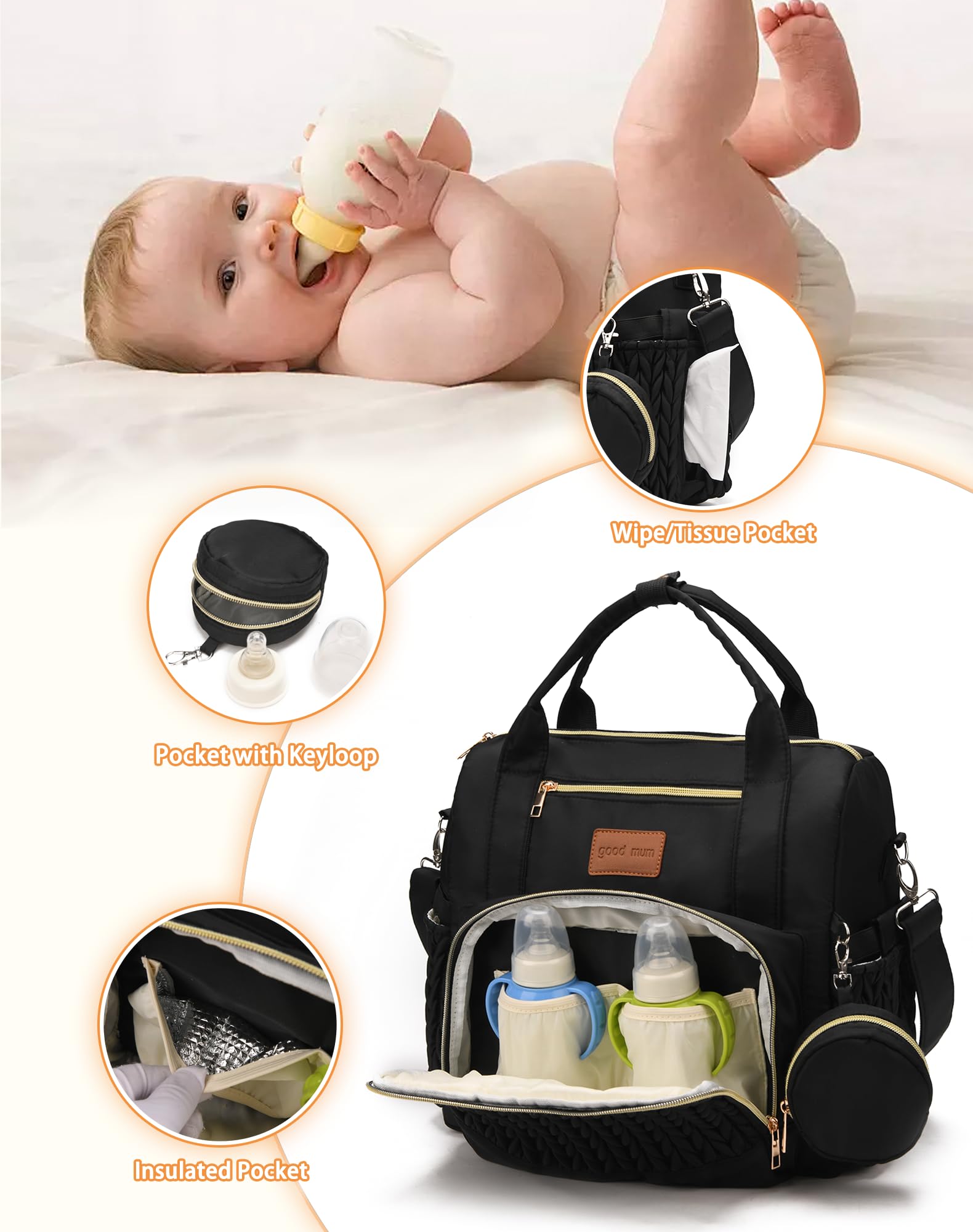 ZCSERTGI Backpack Diaper Bag,Stylish Waterproof Baby Diaper Bags with Changing Pad,Insulated Pockets,Multi-Function Travel Diaper Backpacks,Gift for New Parents,Black