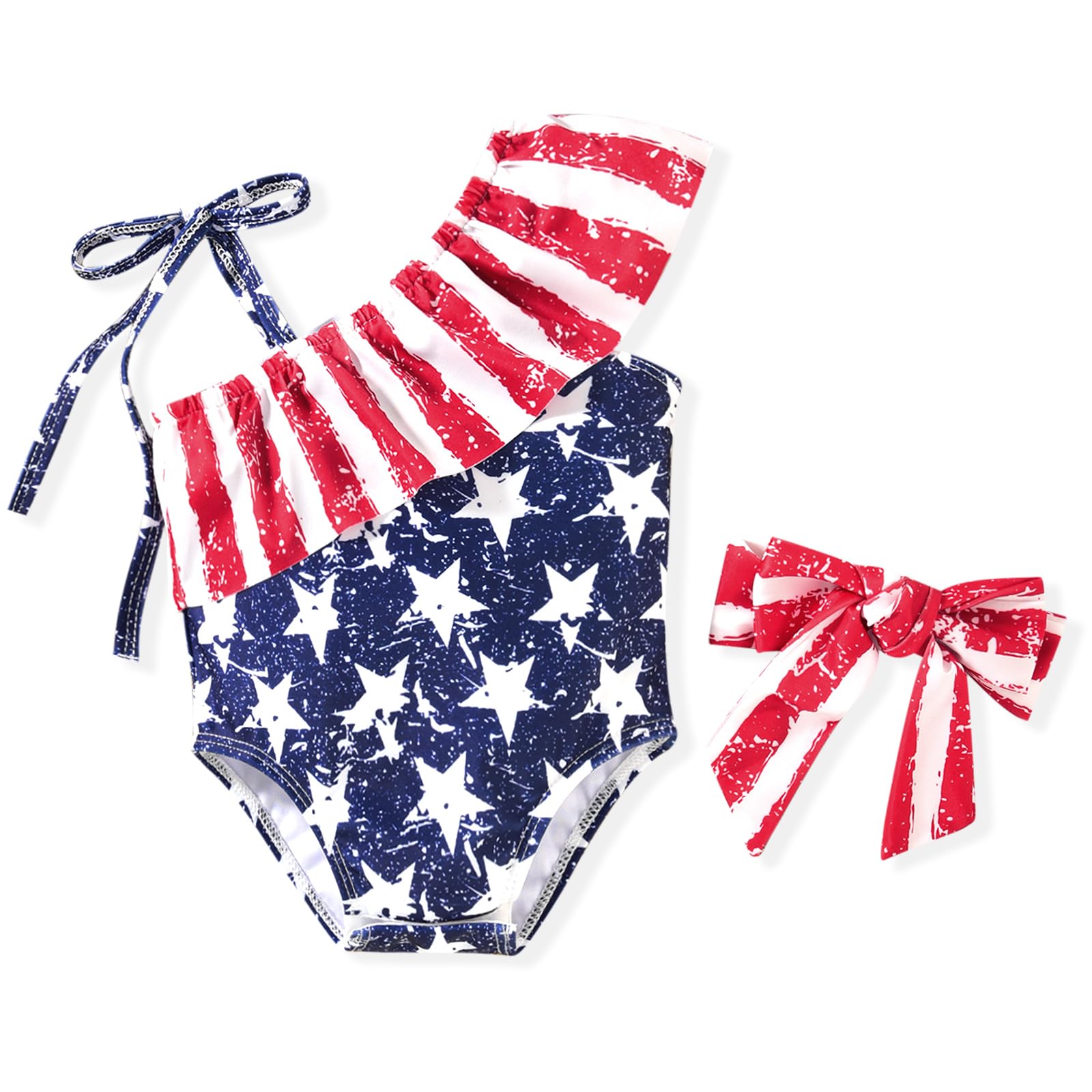 HINTINA 0-6 Months Infant Baby Girl 4th of July One Piece Swimsuit Off Shoulder American Flag Bathing Suit Independence Day Patriotic Swimwear